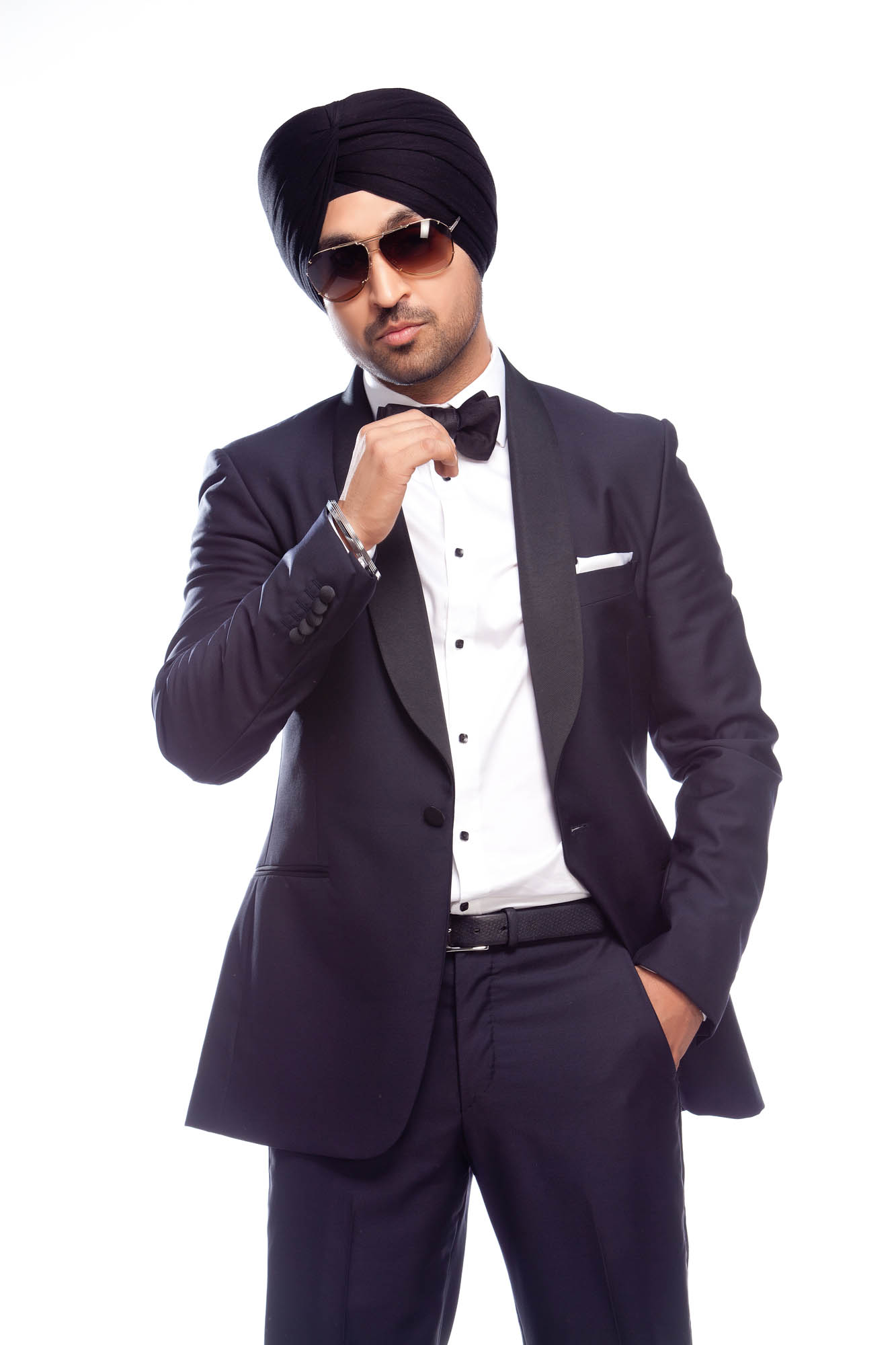 Diljit Dosanjh Photoshoot close portrait in black tuxedo and turban