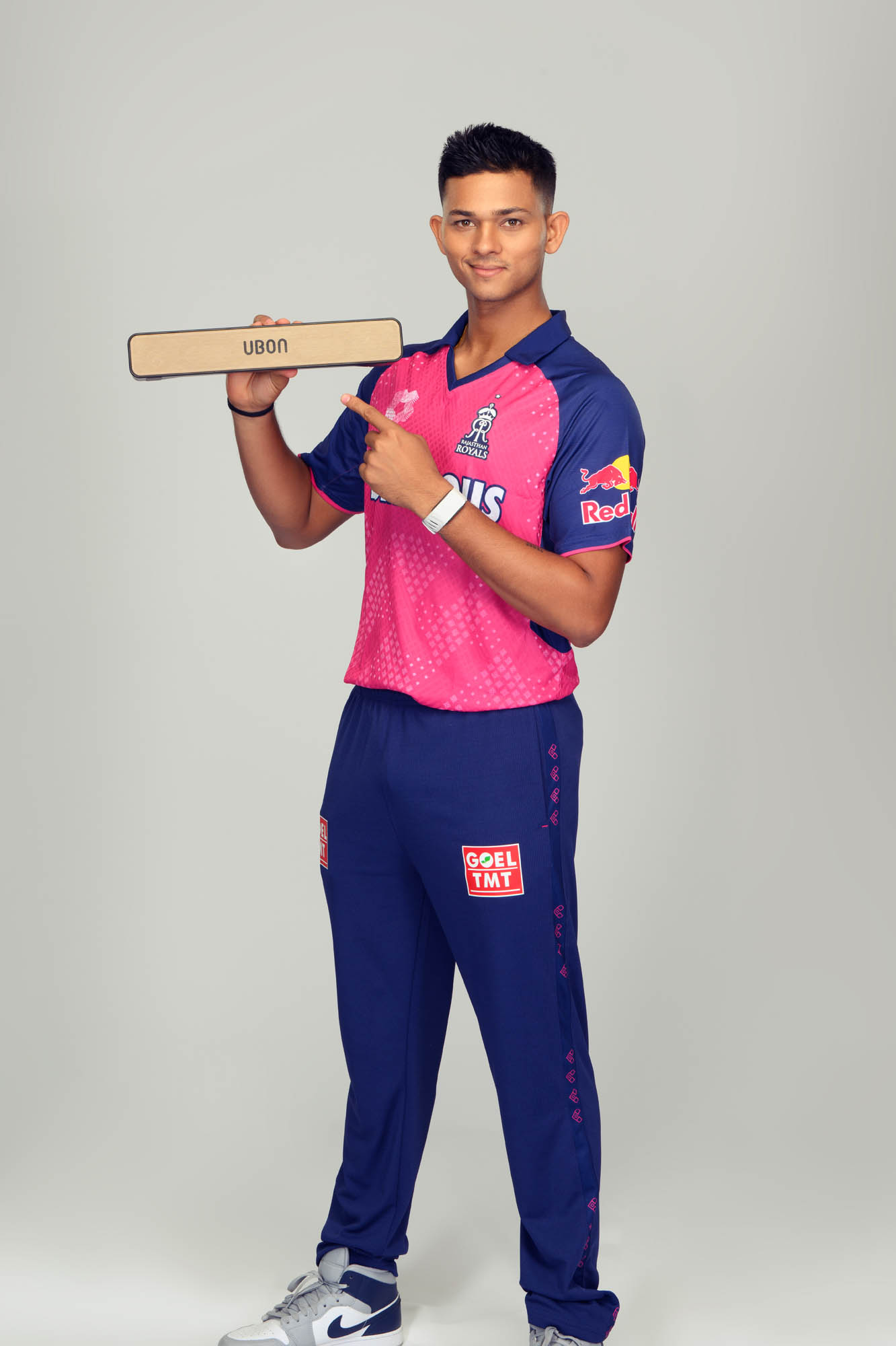 Rajasthan Royals IPL 2026 photoshoot for UBON Dhruv Jurel product shot