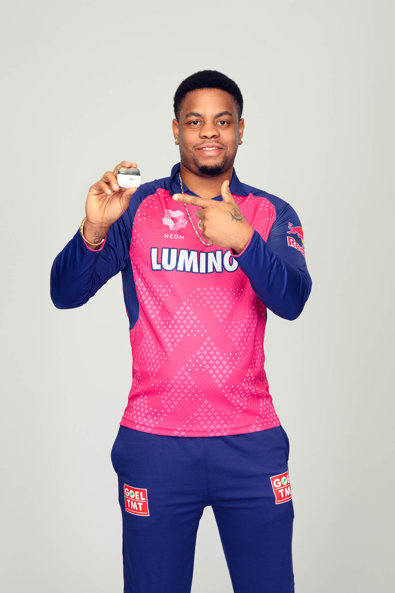 Rajasthan Royals IPL 2026 photoshoot for UBON Shimron Hetmyer product portrait